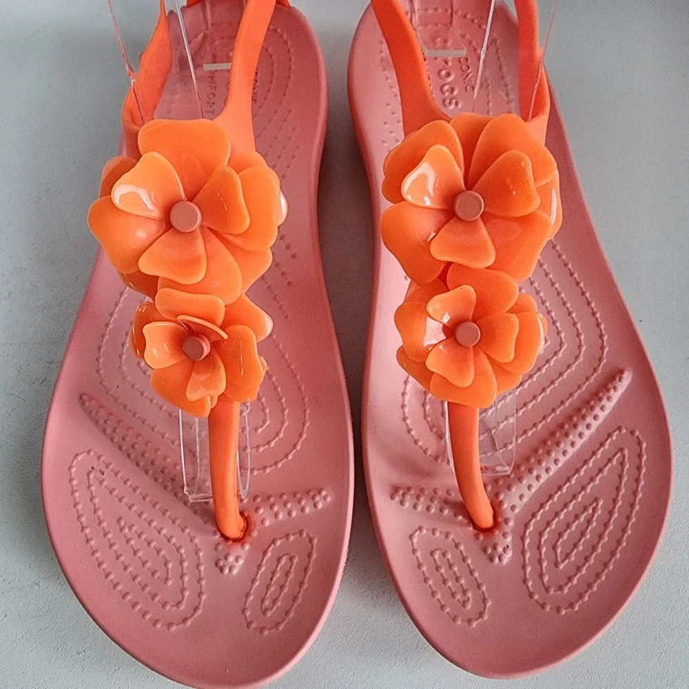Crocs Serena Floral Sexi Flip Sandals Womens 7 Orange Pink Coral Flowers